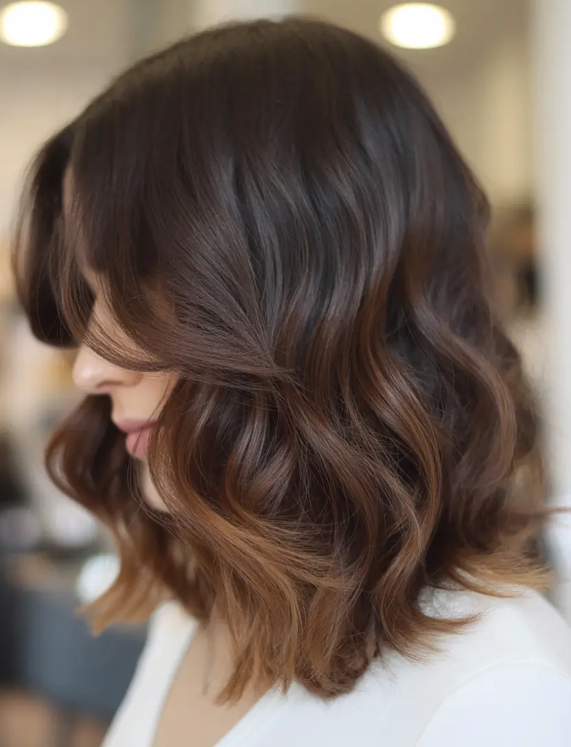 fall brunette hair color short Toffee Brown Mid-Length Waves