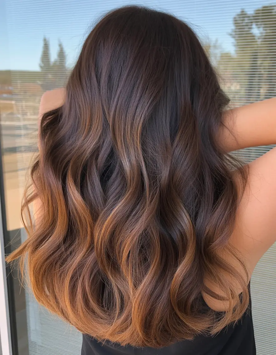 fall brunette hair color balayage 2025 Warm Cinnamon Melt with Rich Waves