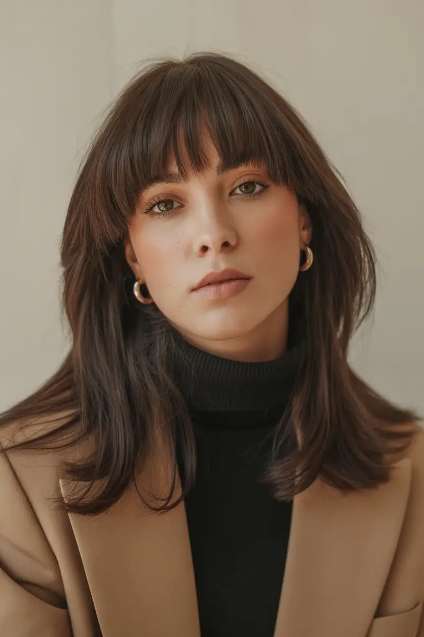 fall brunette hair color shoulder length Blunt Fringe and Feathered Layers in Soft Espresso
