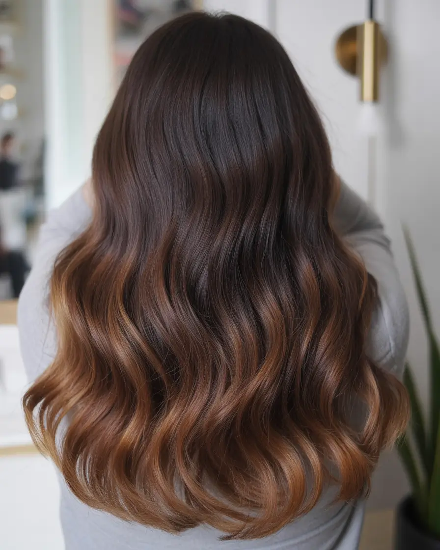 fall brunette hair color balayage long Classic Caramel Ribbon Balayage on Brunette Base