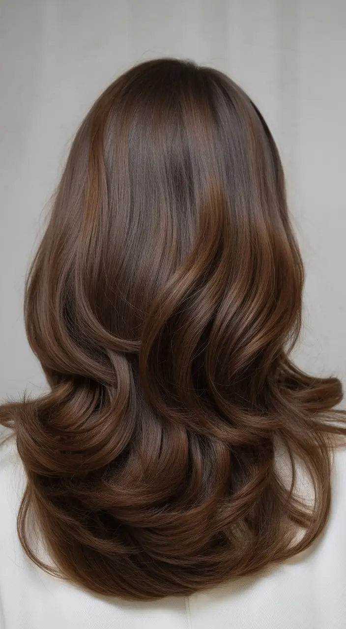 fall brunette hair color 2025 Velvet Cocoa Flow with Retro Curves