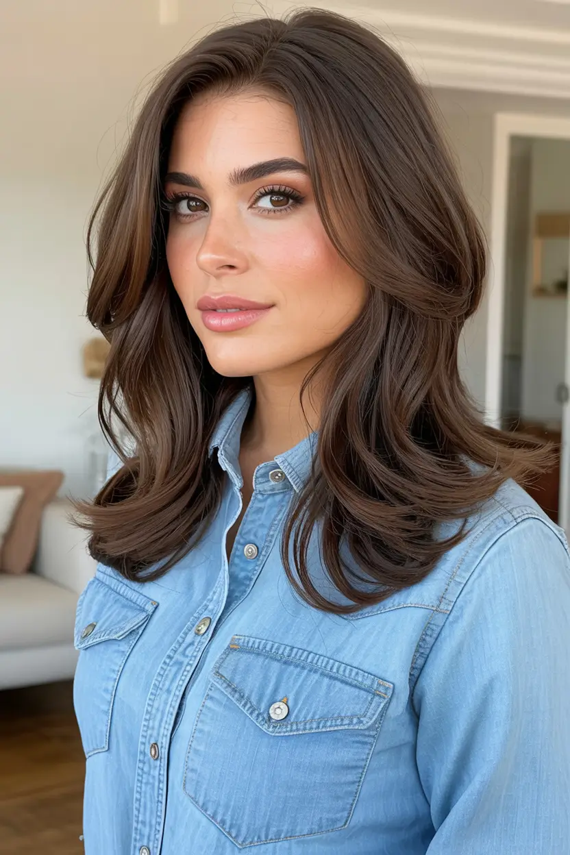 fall brunette hair color 2025 soft cinnamon ends with voluminous blowout