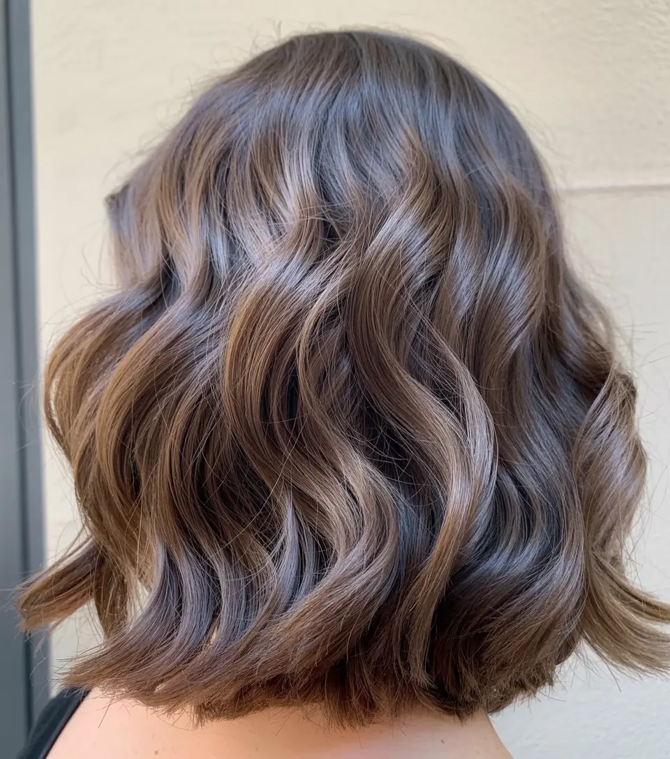 fall brunette hair color short textured chocolate lob with mocha ribbons