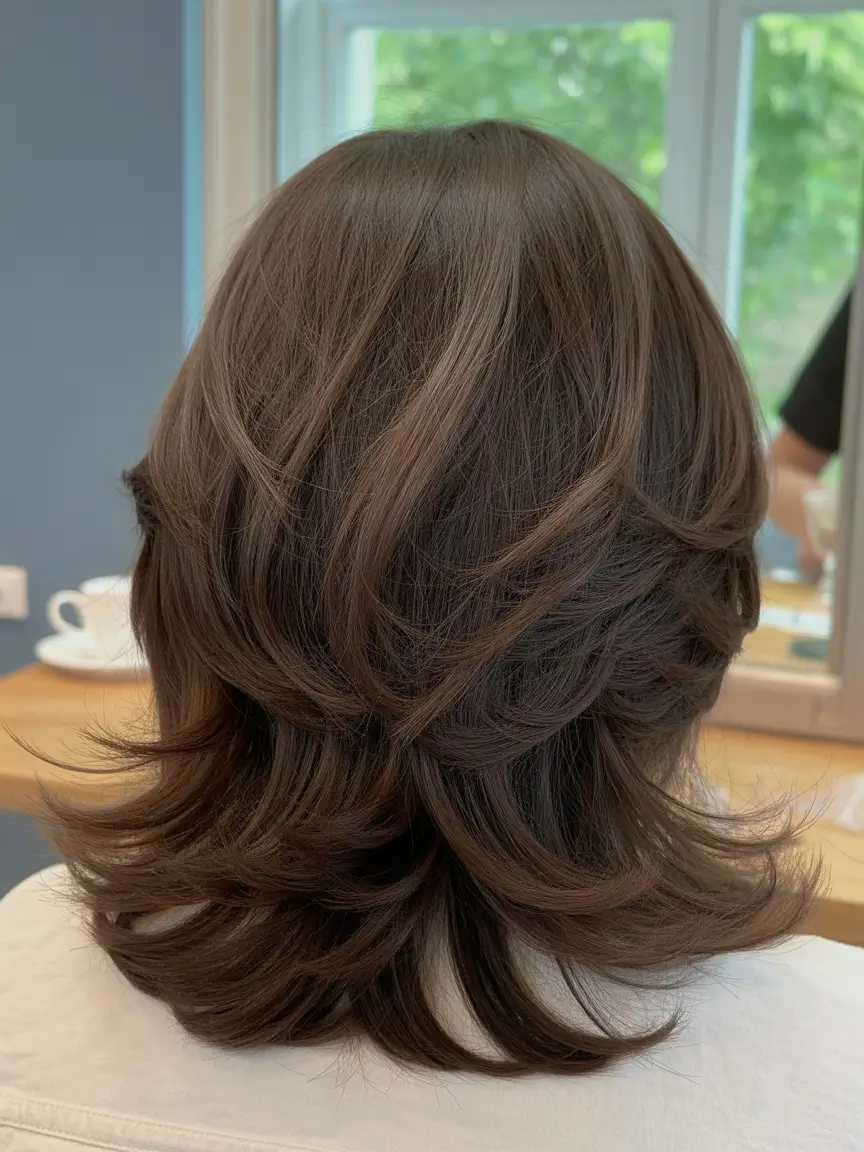 fall brunette hair color shoulder length Feathered Mid-Length with ’70s Volume
