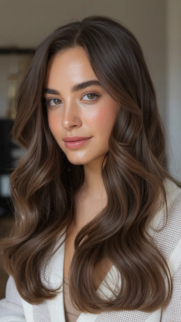 fall brunette hair color 2025 mid-length chocolate brown with liquid shine
