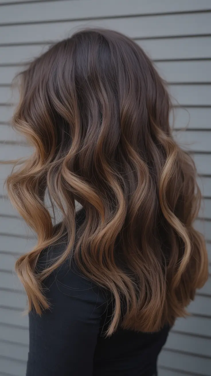 fall brunette hair color balayage medium toffee ribbon balayage on cocoa base
