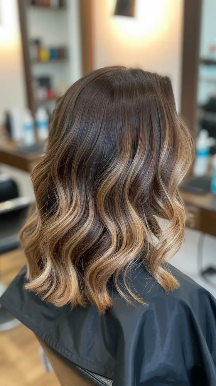 fall brunette hair color balayage short warm blonde melt on shoulder-grazing cut