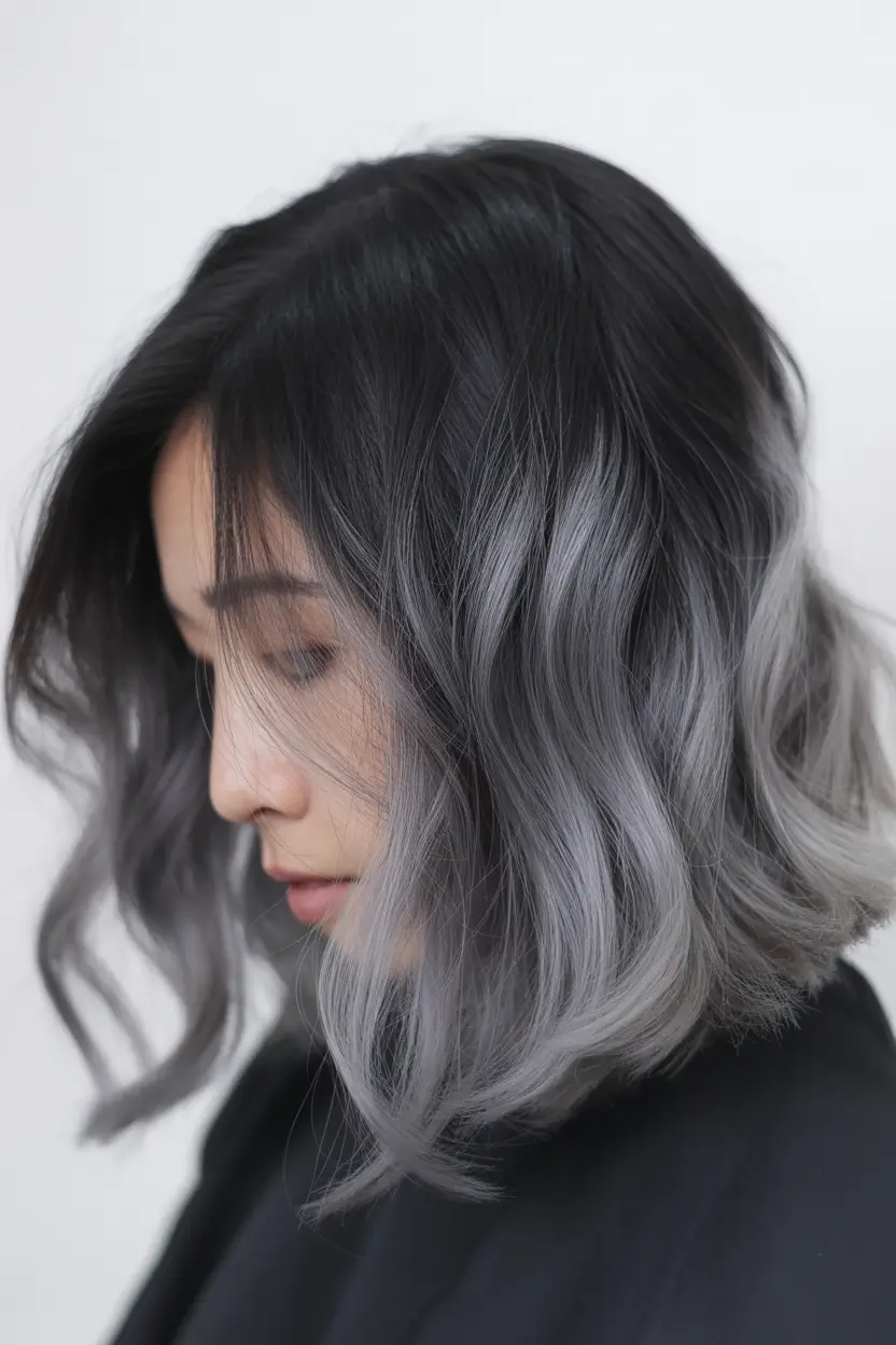 fall brunette hair color balayage medium Charcoal Melt Bob with a Smoky Edge