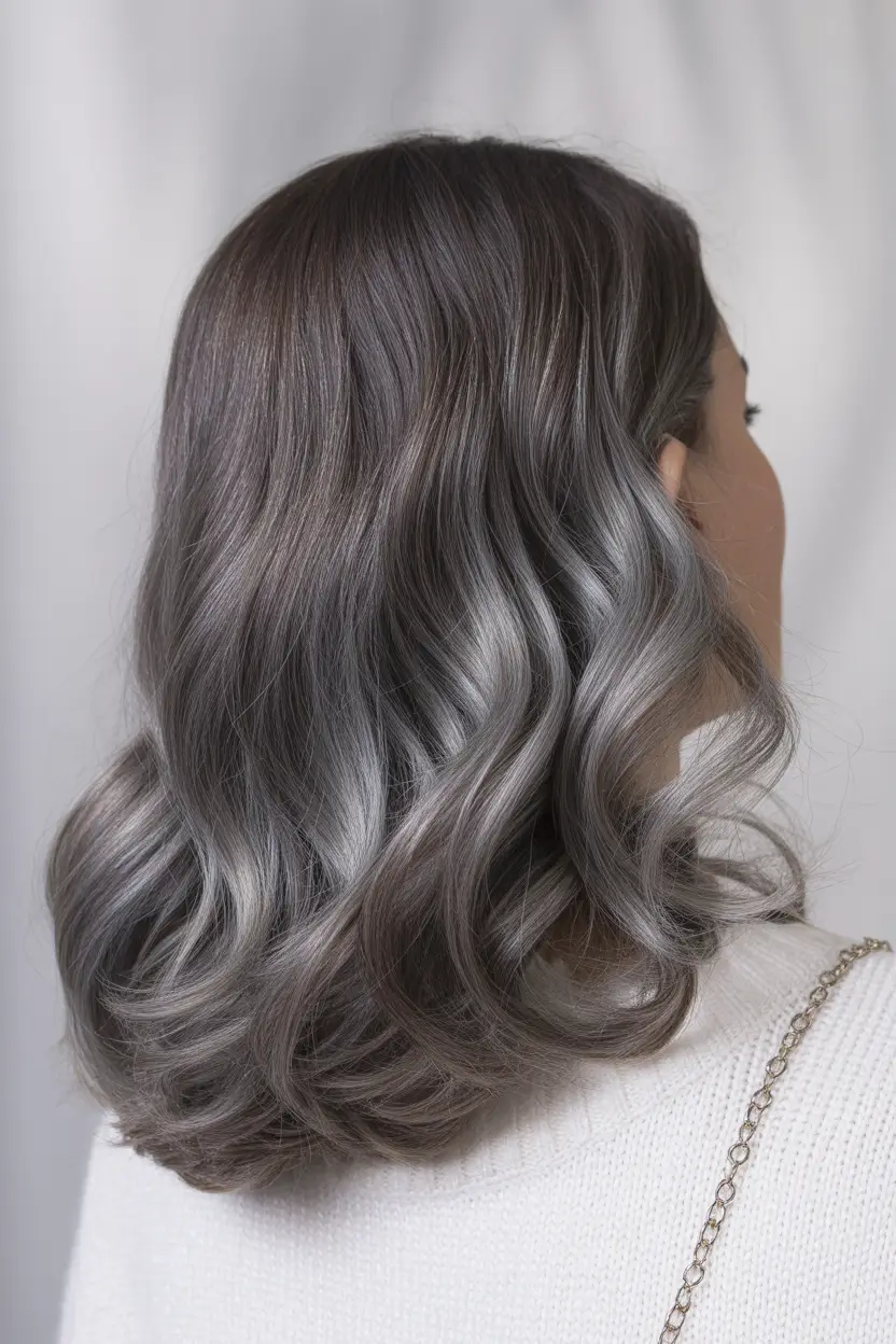 fall brunette hair color 2025 Silver Lilac Gloss on a Medium Wavy Bob
