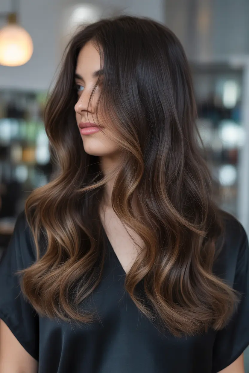 fall brunette hair color long Molten Mocha Waves with Natural Dimension