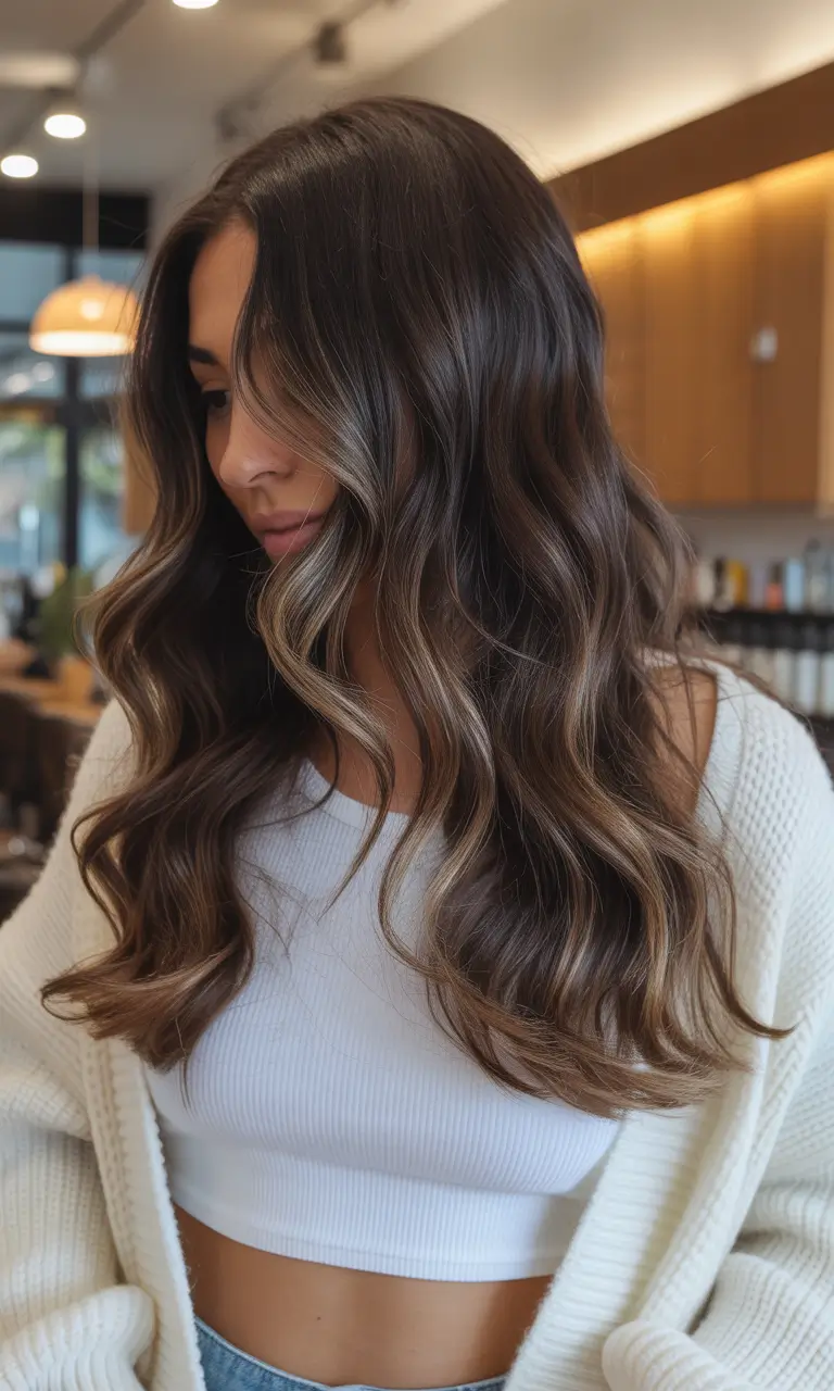fall brunette hair color balayage long Toasted Caramel Waves with Ribbon Highlights