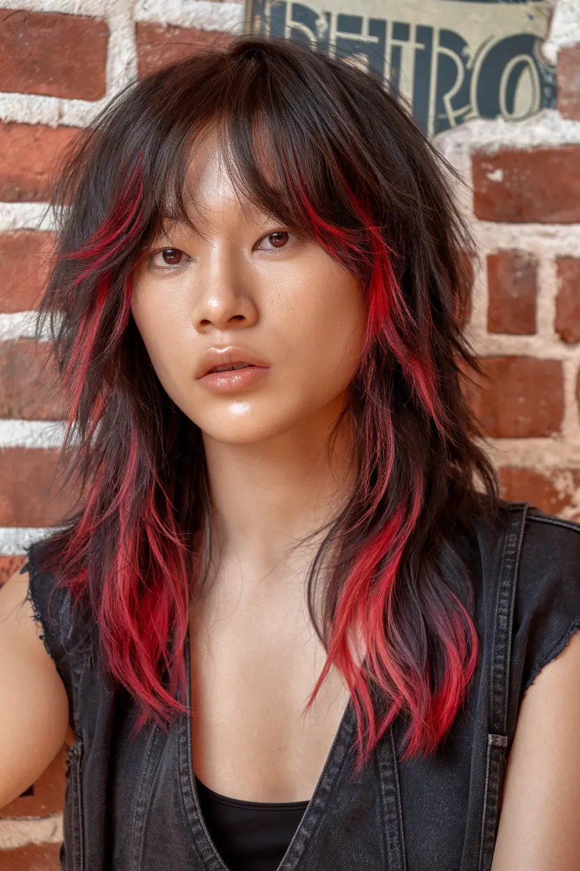 haircuts Edgy Shag with Cherry-Red Panels