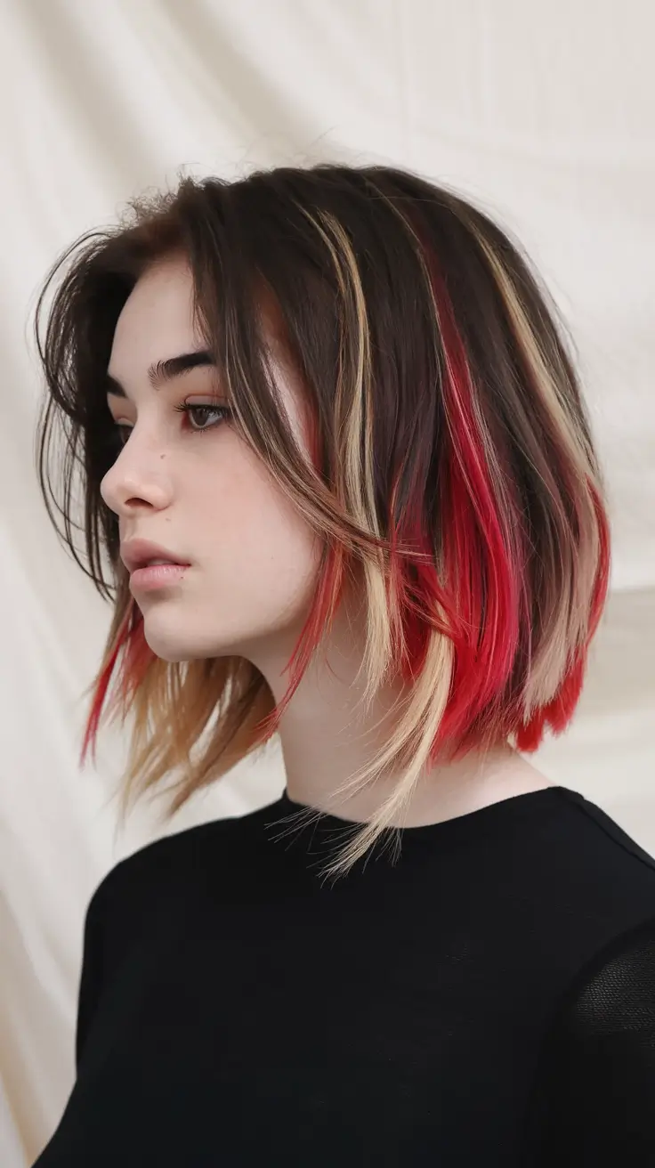haircuts Blunt Bob with Color-Blocked Red and Blonde