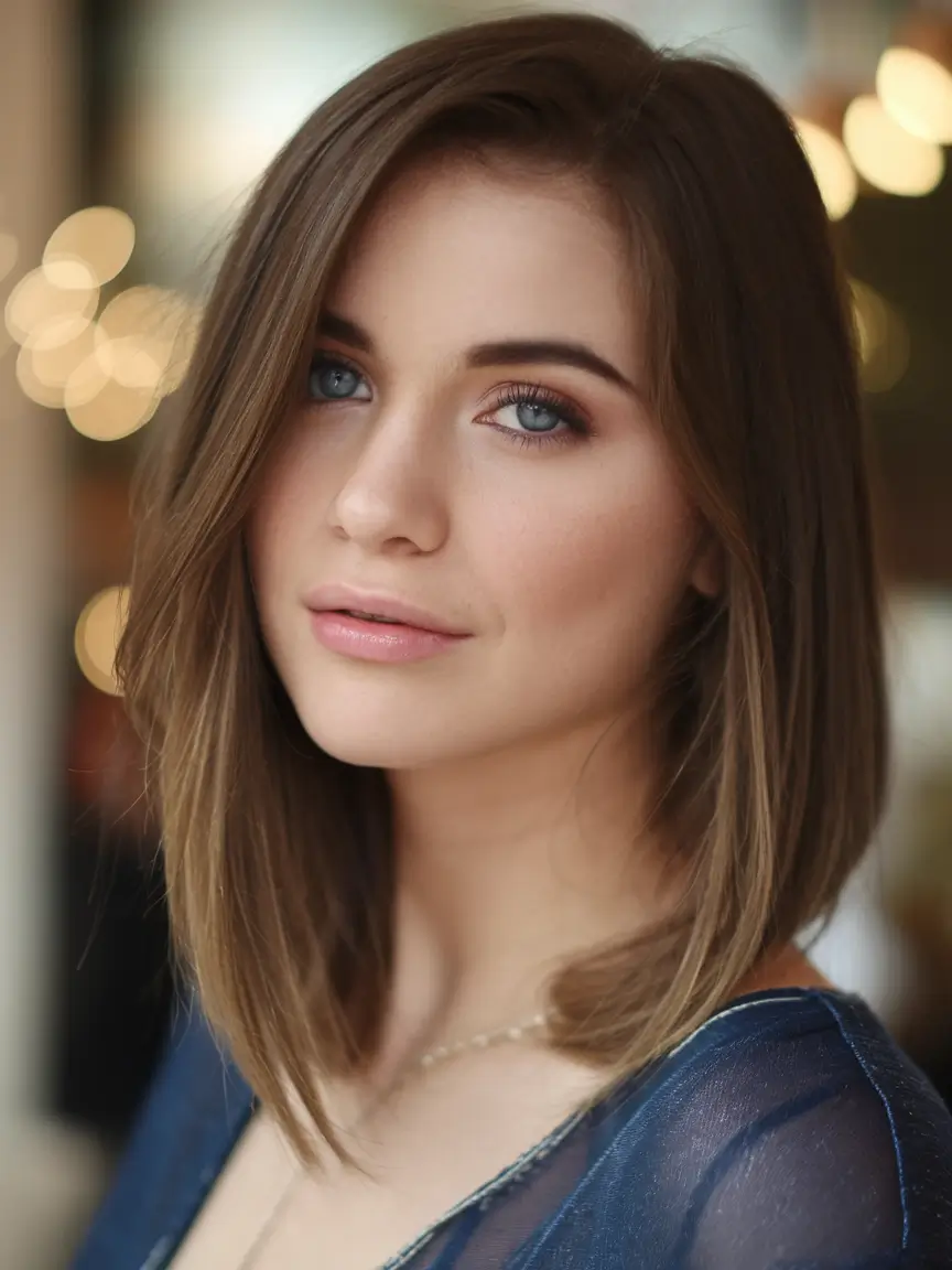 haircuts Polished Chestnut Lob with a Sleek Side Part