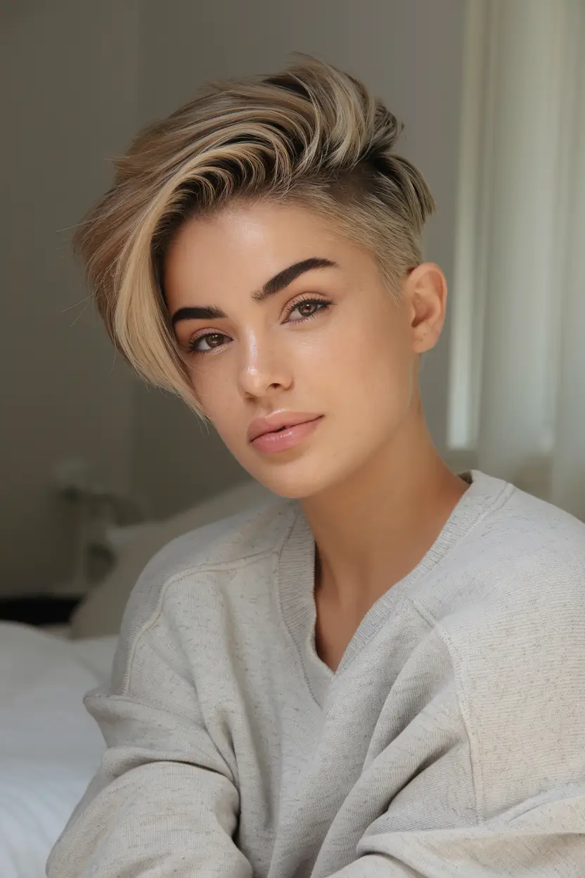 haircuts Edgy Undercut Pixie with Swept Blonde Top