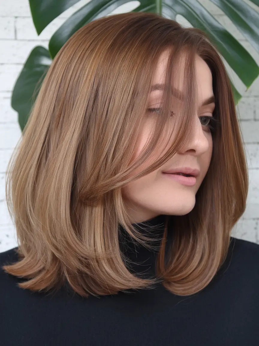 fall haircuts ideas 2025 Warm Caramel Lob With Curtain Bangs