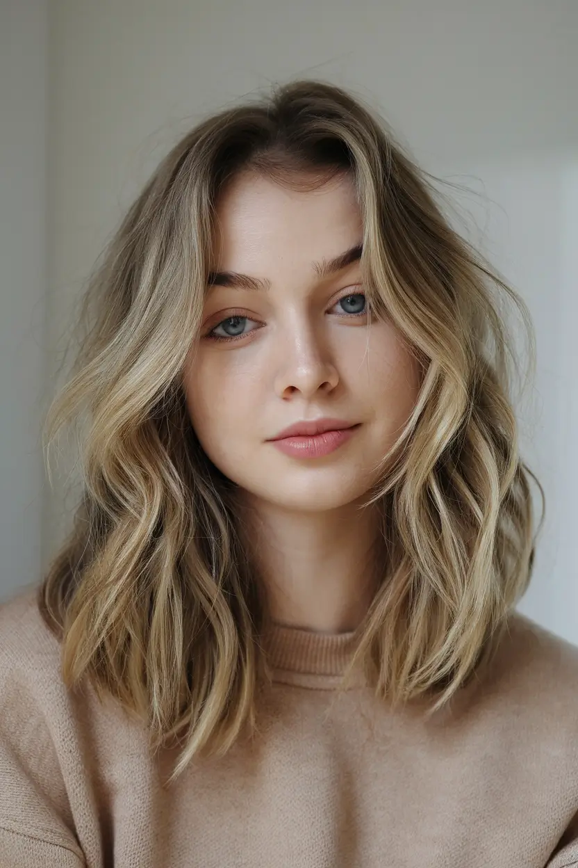 fall haircuts ideas 2025 Textured Medium Lob With Sunlit Highlights