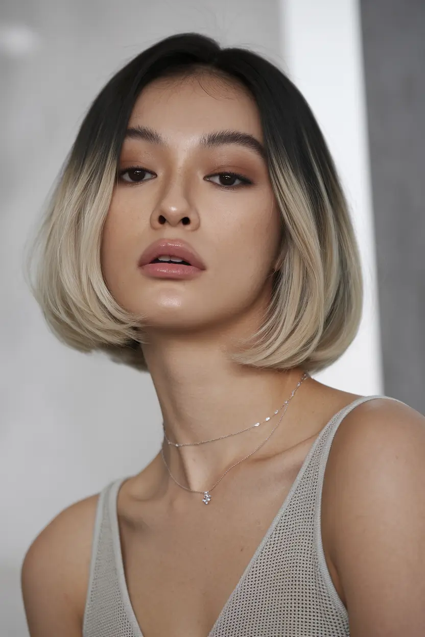 fall haircuts Blunt Blonde Bob with Dark Roots
