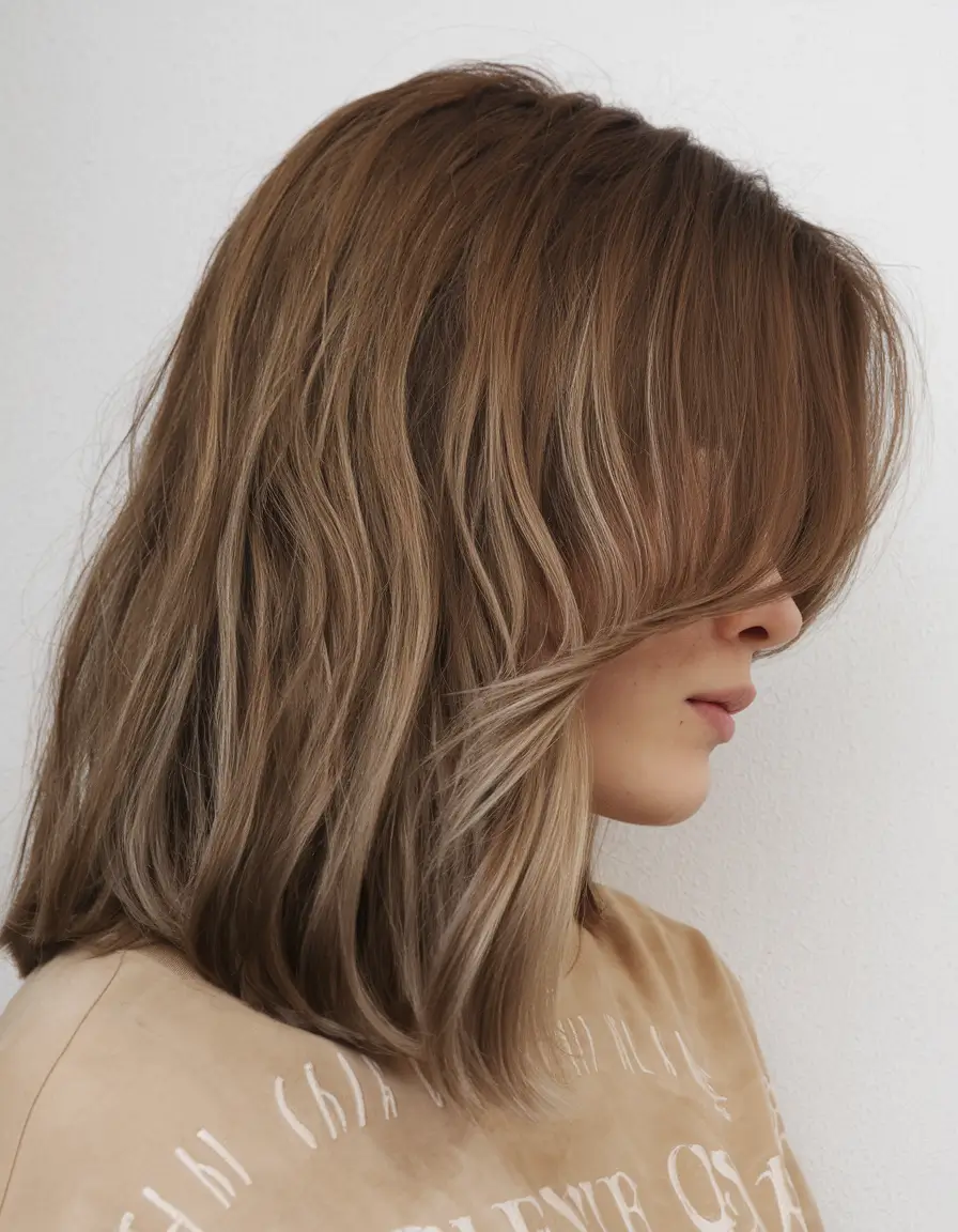 fall haircuts ideas 2025 Chocolate Beige Lob With Side-Swept Bangs