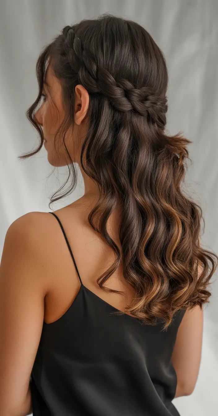 fall hairstyle for long hair Braided Crown with Cascading Curls