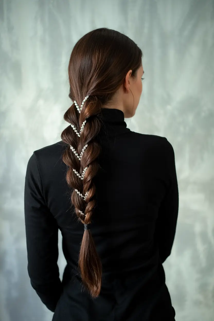 fall hairstyle for long hair Elegant Braided Cascade with Accessory Details