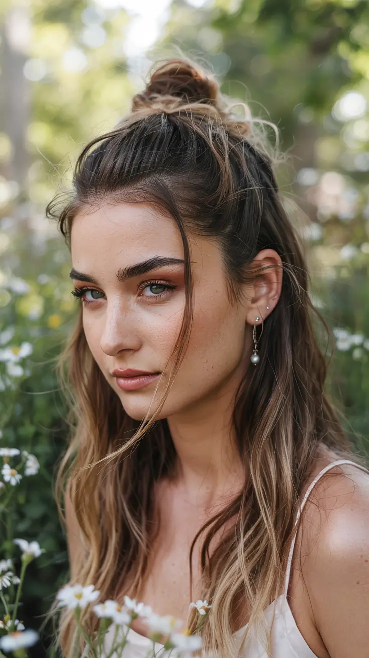 fall hairstyle for long hair Half-Up Messy Bun with Loose Waves