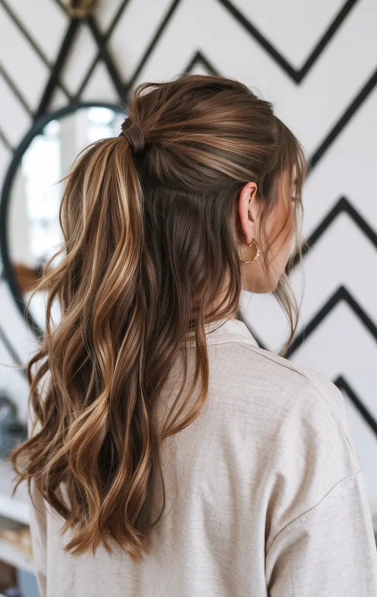 fall hairstyle for long hair Half-Up Ponytail with Glossy Curls