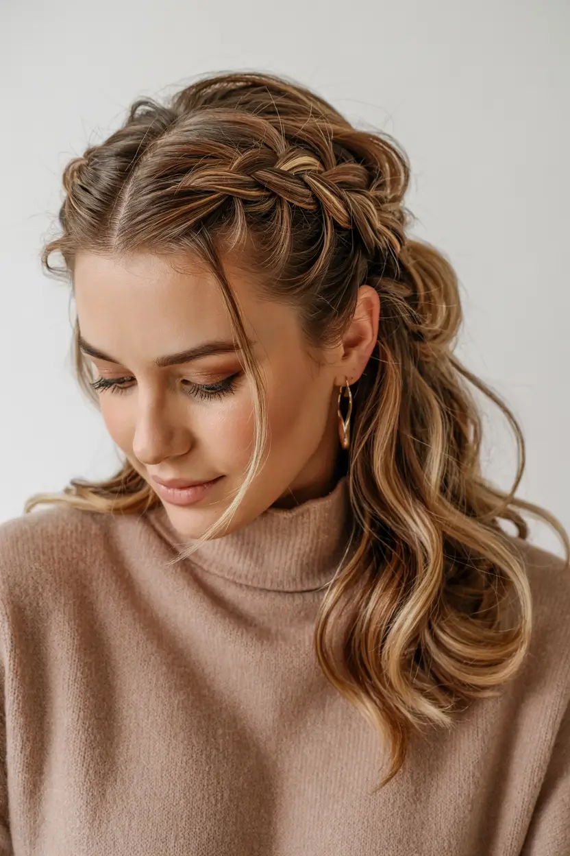 fall hairstyle for long hair Side Braided Half-Up with Flowing Waves