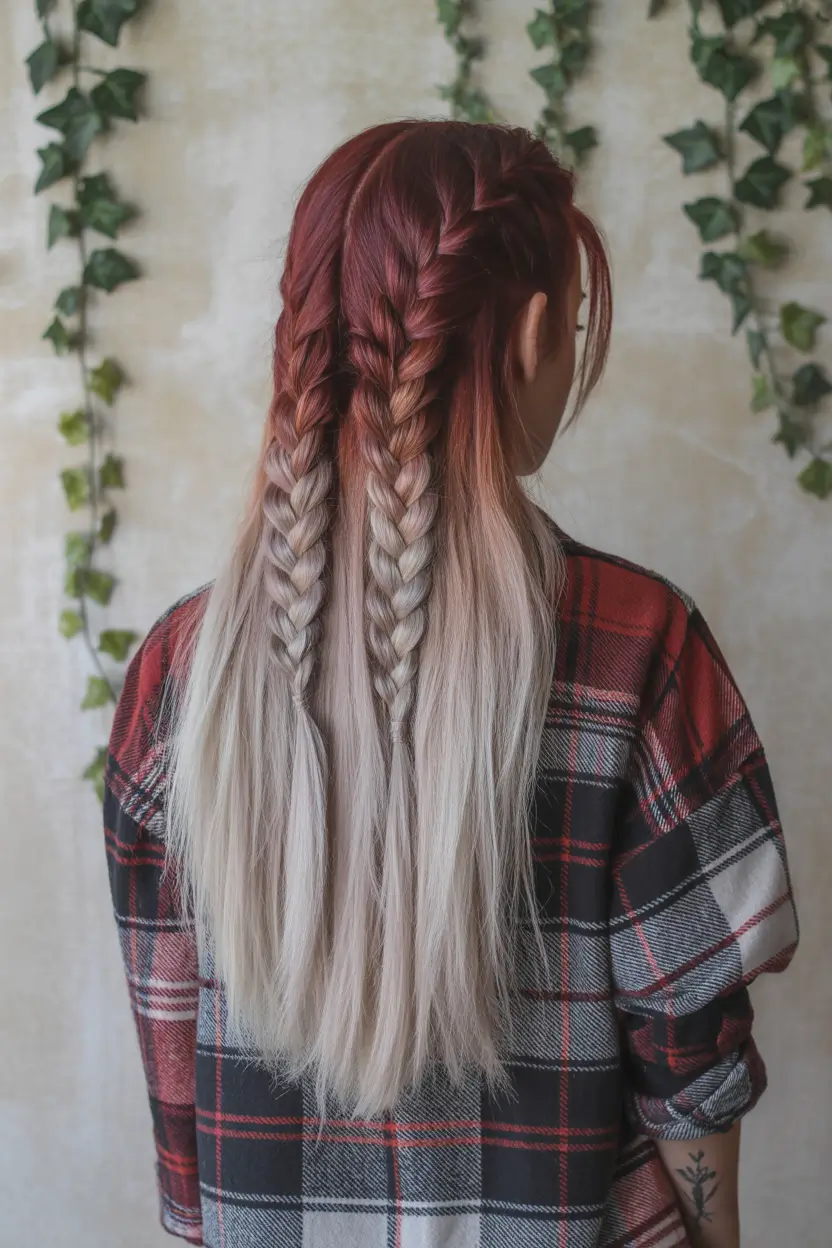 fall hairstyle for long hair Two-Tone Double Braids