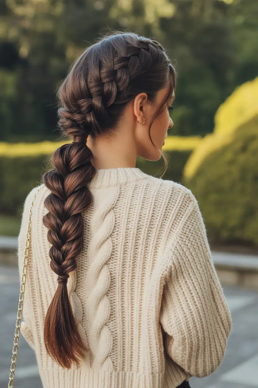 fall hairstyle for long hair Chunky Side Braid into Low Pony