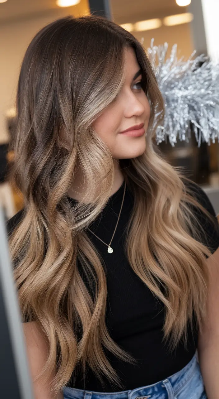 fall hairstyle for long hair Soft Balayage Waves with Curtain Bangs