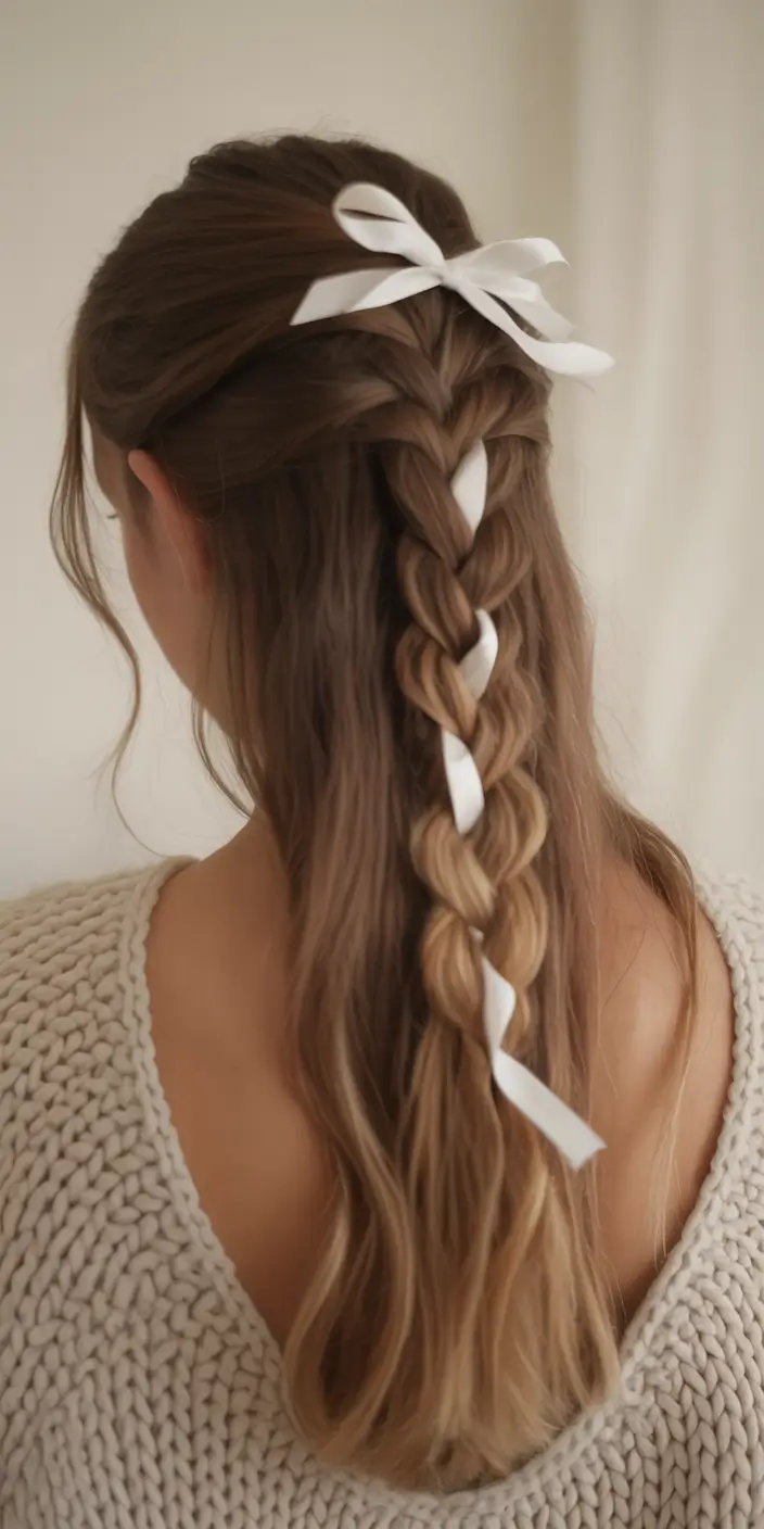 fall hairstyle for long hair Braided Half-Up with Ribbon Detail