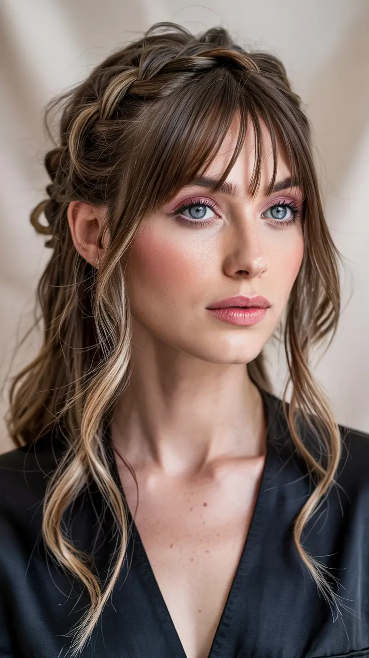 fall hairstyles Half-Up Twist With Curtain Bangs