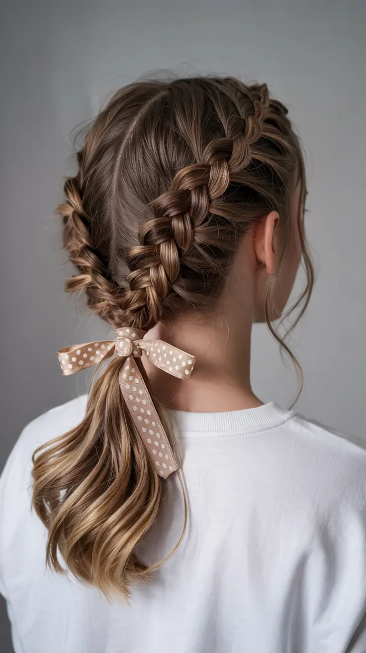 fall hairstyles Double Braided Low Pony With Ribbon