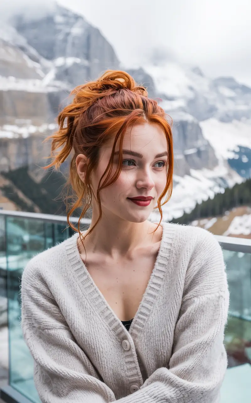 fall hairstyles Messy Copper Updo With Loose Strands
