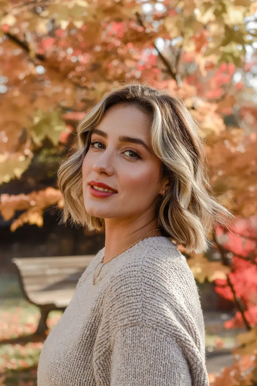 fall hairstyles Short Wavy Bob With Blonde Highlights