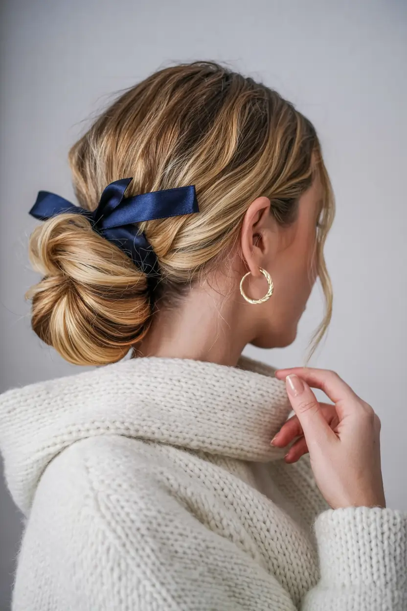 fall hairstyles Low Knot with Satin Ribbon