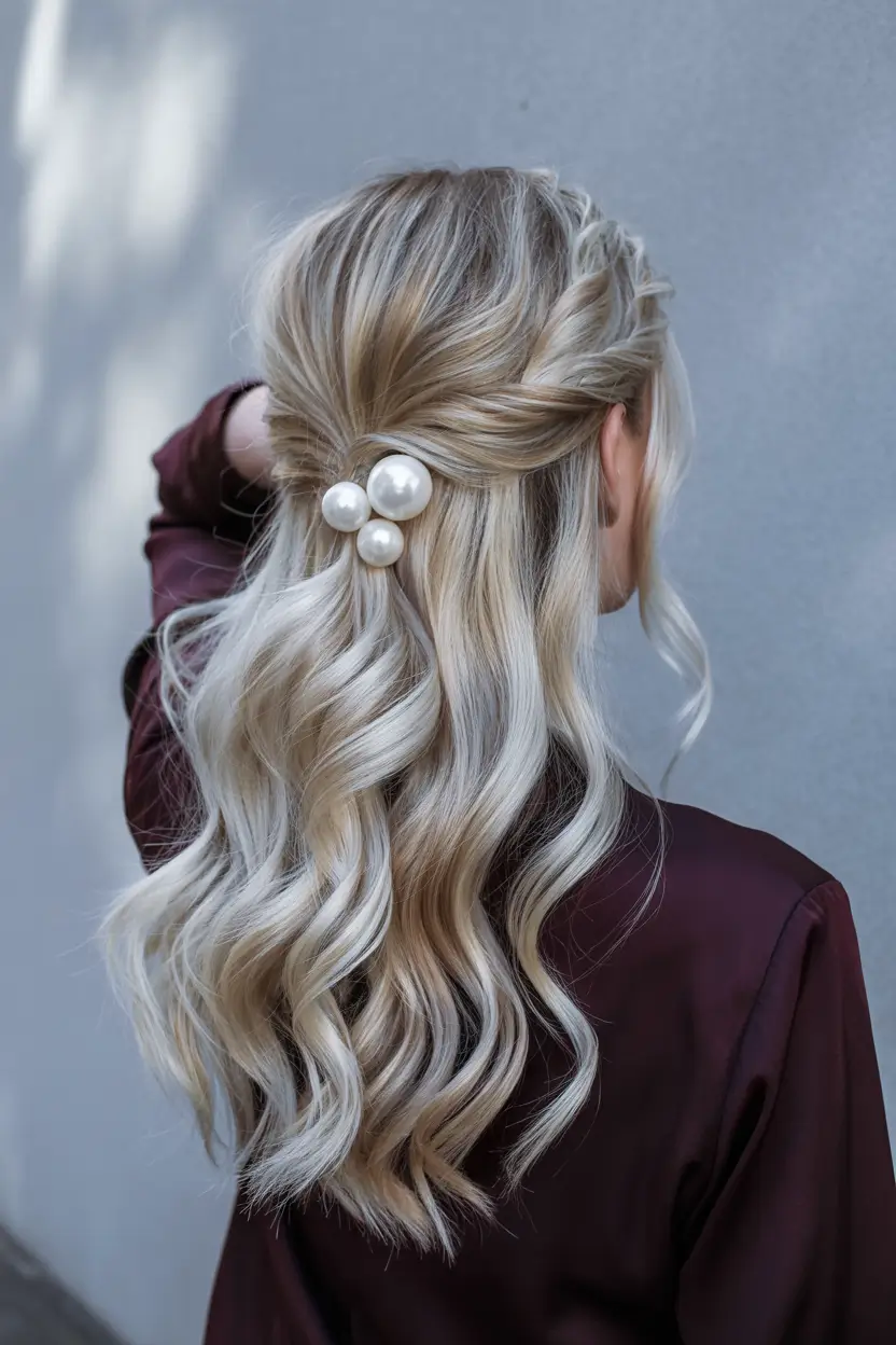 fall hairstyles Twisted Half-Up with Pearl Clip