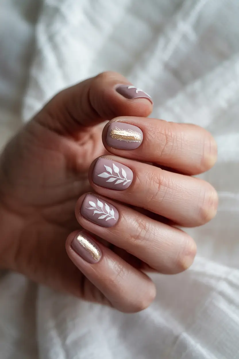 september nails designs Matte Taupe with Golden and Botanical Accents