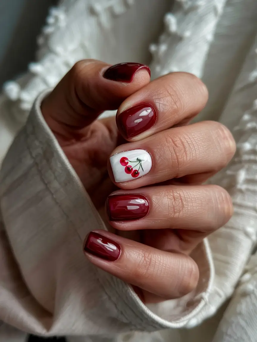 september nails designs Deep Cherry with Playful Fruit Accent