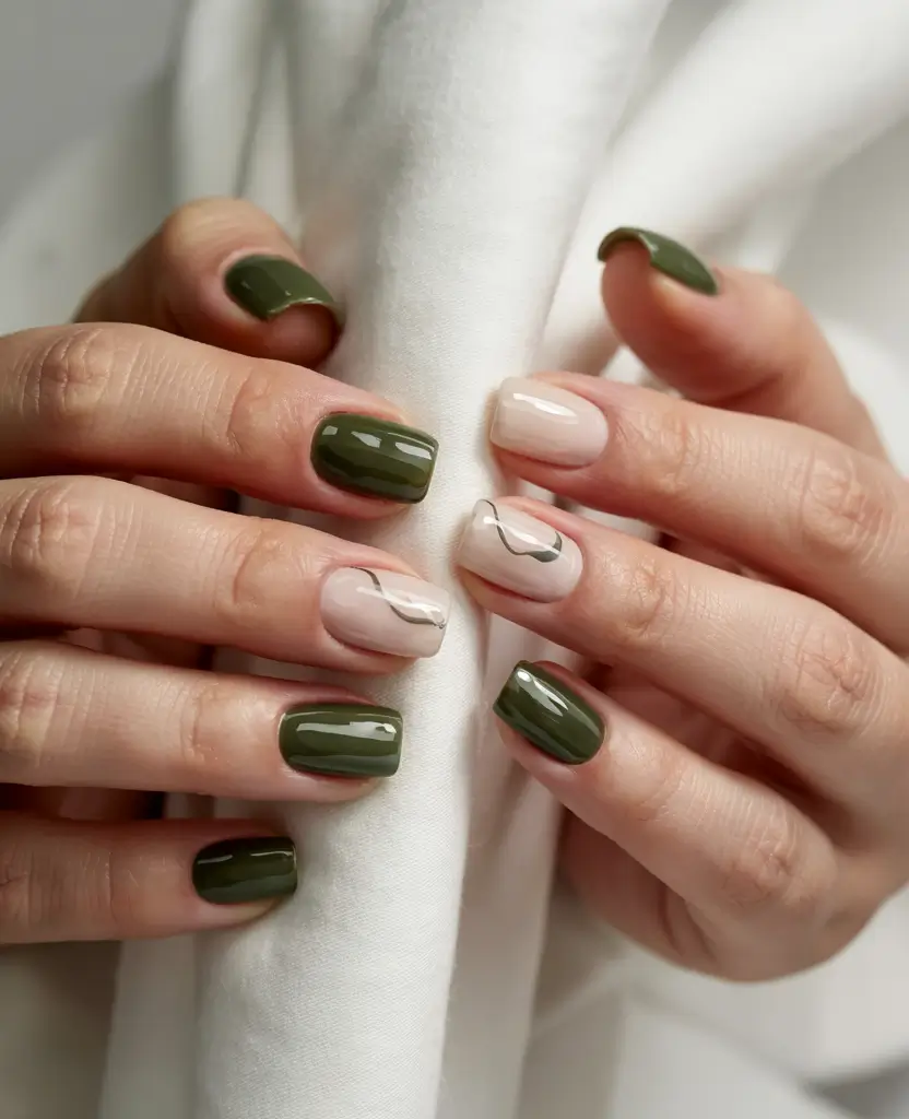september nails designs Olive Green and Minimalist Waves