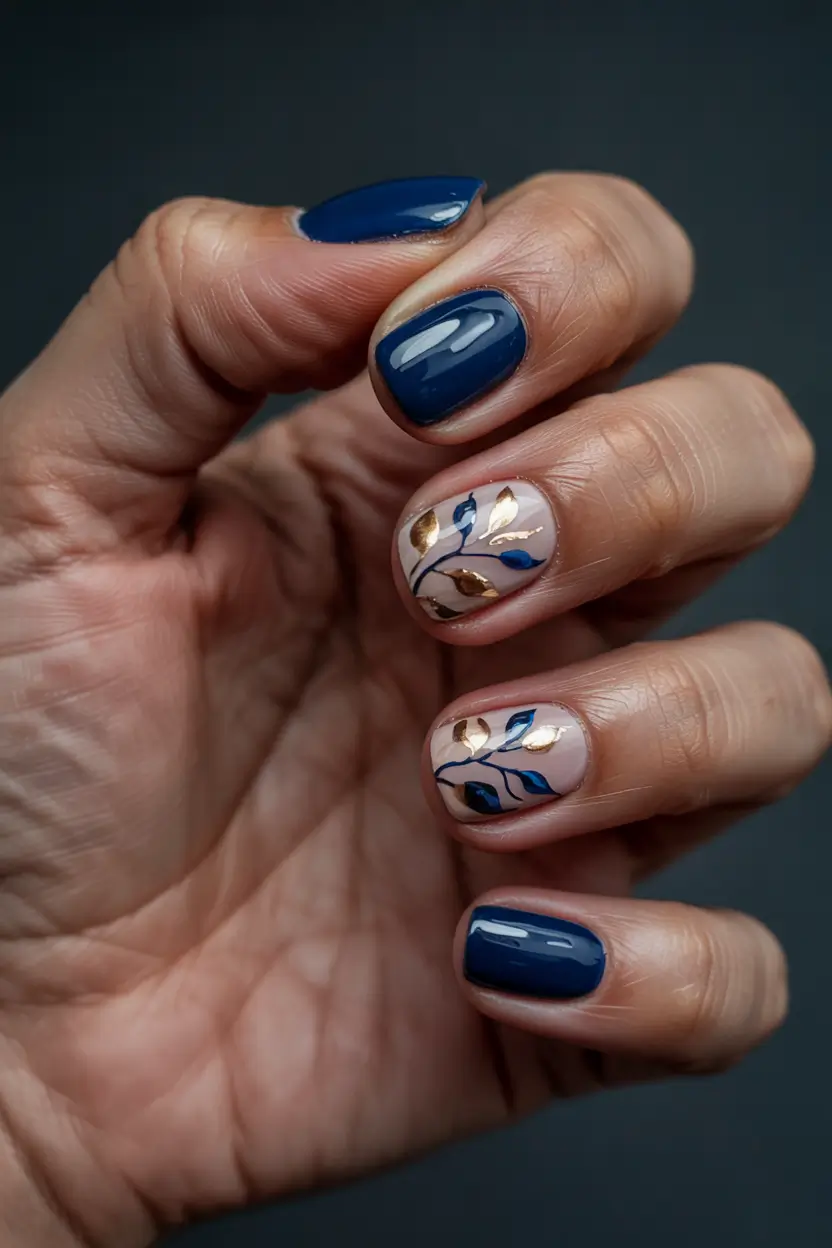 september nails designs Midnight Blue with Botanical Gold