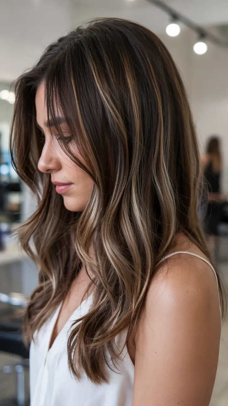 september hair color ideas Warm Espresso with Caramel Ribbon Highlights