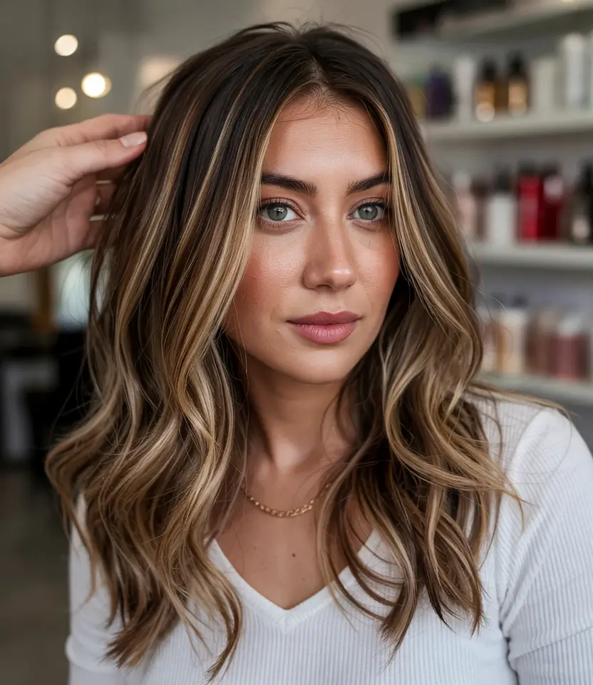 september hair color ideas Sunlit Brunette with Bold Highlights
