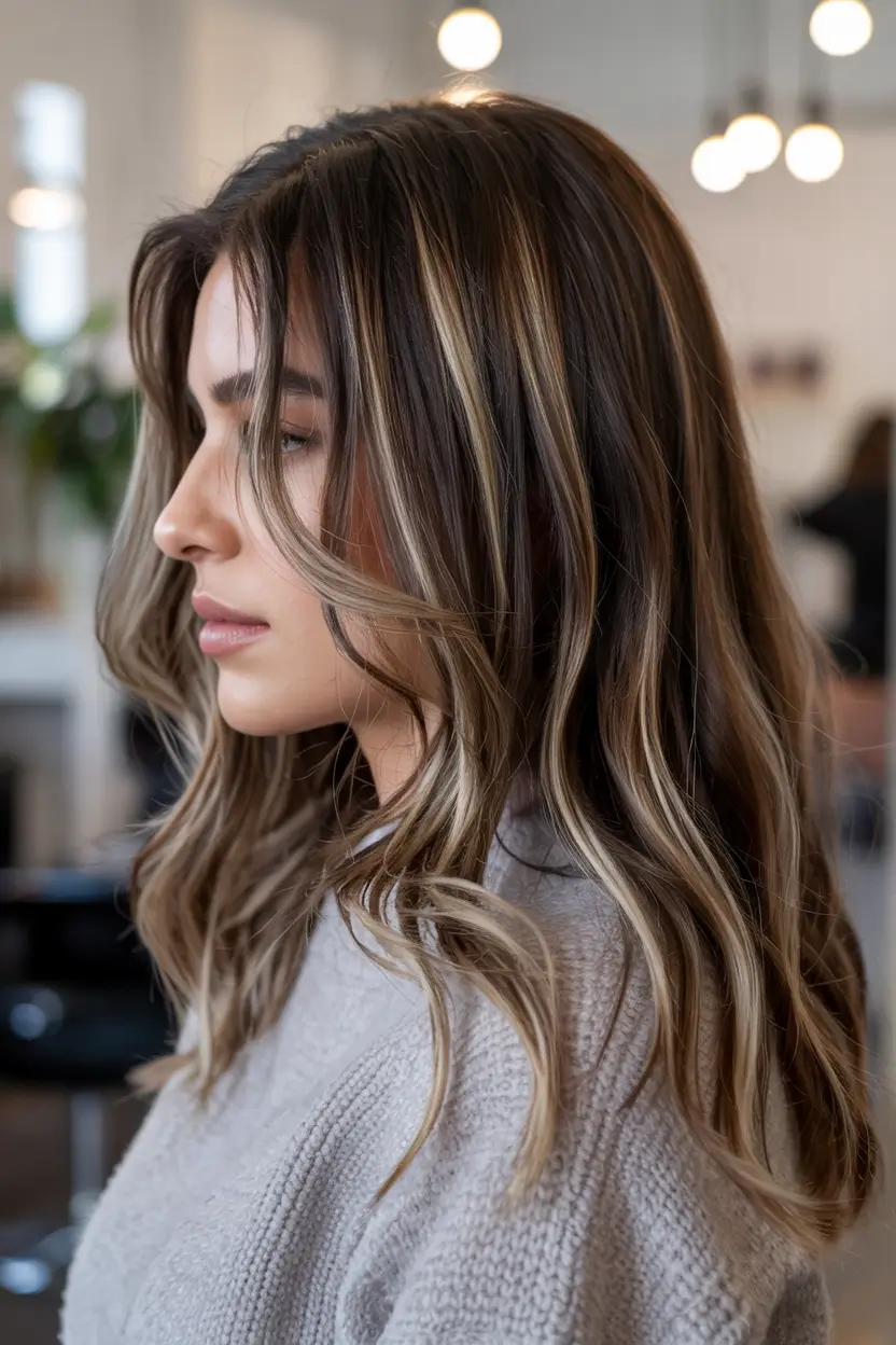 september hair color ideas Cool Brunette with Icy Ribbons
