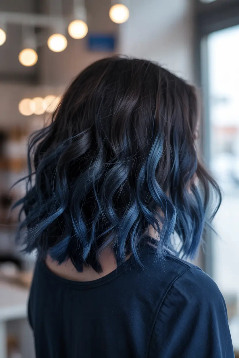 Hair Color Trends for September 2025 Midnight Blue Lob with Dimensional Shine