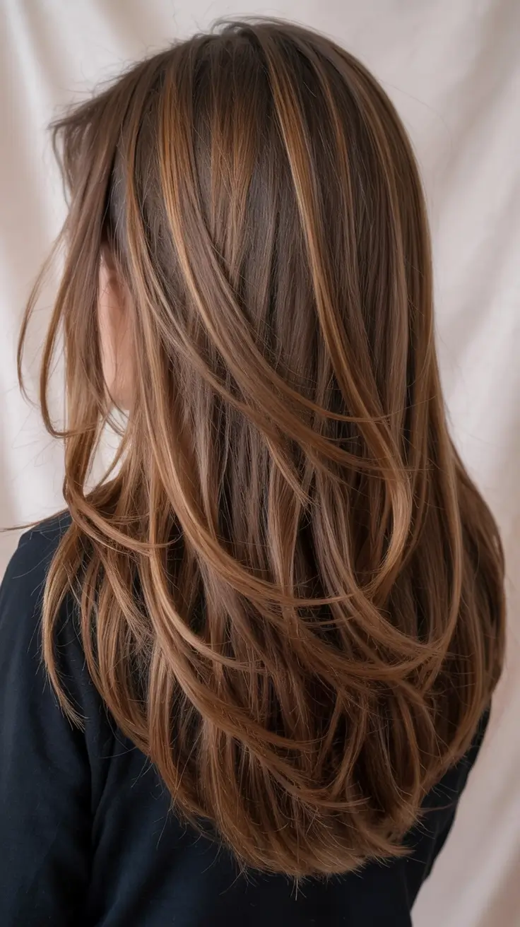 Hair Color Trends for September 2025 Golden Ribbon Layered Brunette