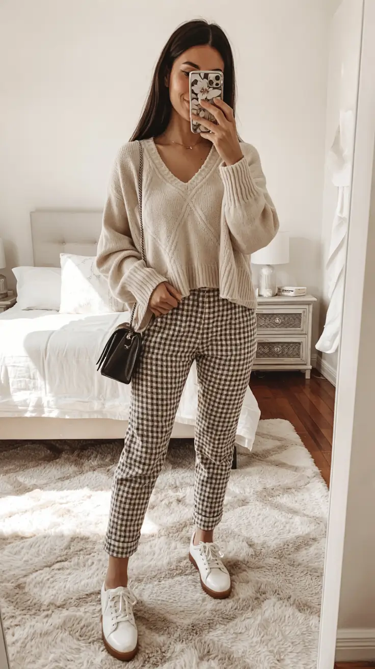 fall outfits ideas cozy-neutrals-meet-gingham-playfulness