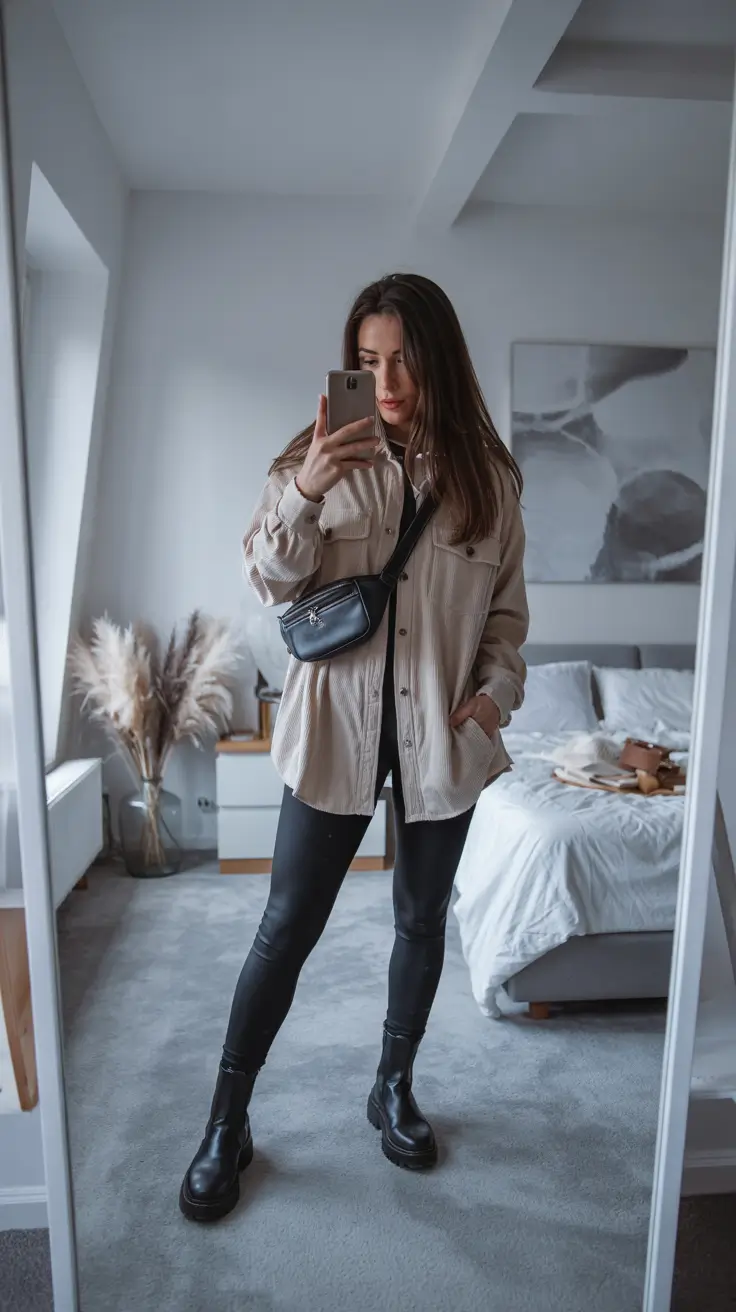 fall outfits ideas with black leggings+Oversized Corduroy Shirt + Black Leggings = Comfy Cool