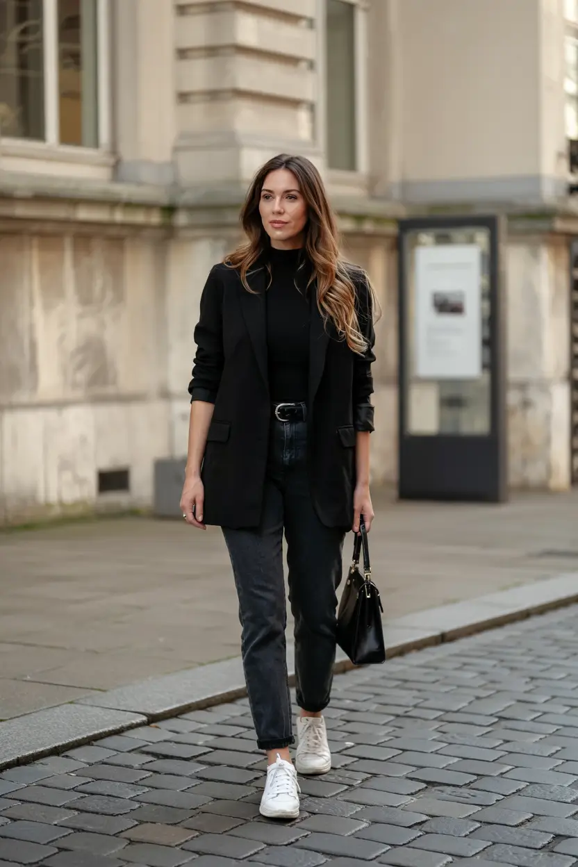fall outfits ideas aesthetic+All Black Everything + White Sneakers = Urban Chic with a Soft Twist